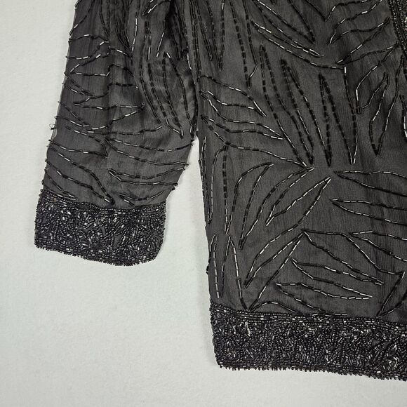 Vintage Beaded Silk Jacket Duster Coat Large Elegant Black Party Wedding Blazer - Picture 6 of 16